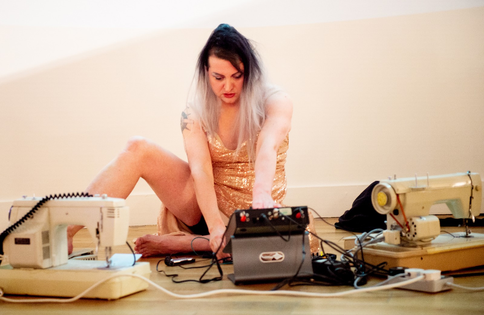 Performance artist, Needle Factory (Freda Wallace) performing at The Manchester Open 2020 exhibition