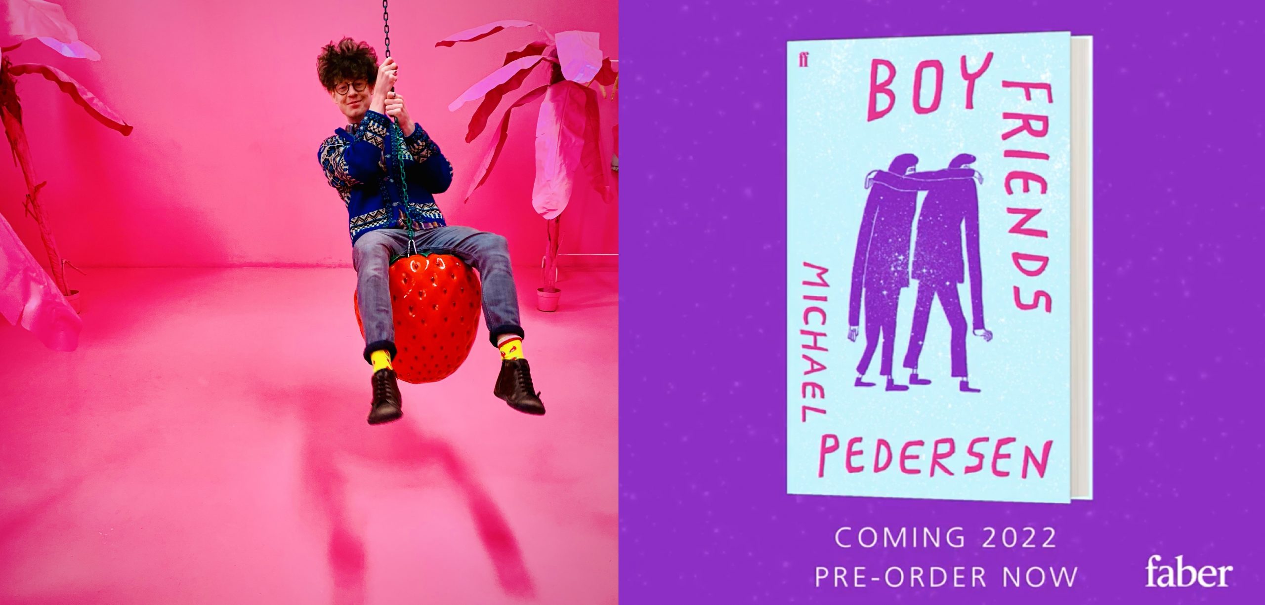 Left Michael Pedersen on pink background. Left book Boy Friends by Michael Pedersen on purple background