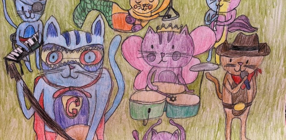 Drawing of cats in different costumes by Sally Hirst